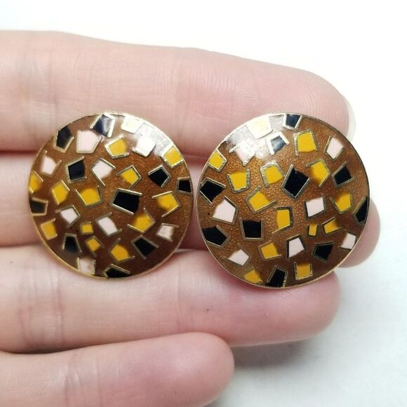 Vintage Brown Black Yellow Enamel Round Clip On Earrings, Retro 80s Style - Picture 1 of 6